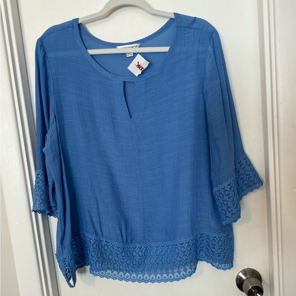 NWT Counterparts blue embroidered top size XL